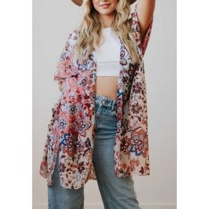 Lovely coral & blue flowy boho floral paisley print open front kimono